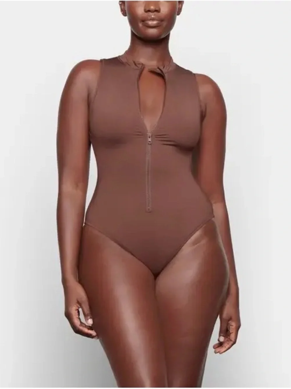 Skims Swim Zip Front Sleeveless One Piece - Cocoa
